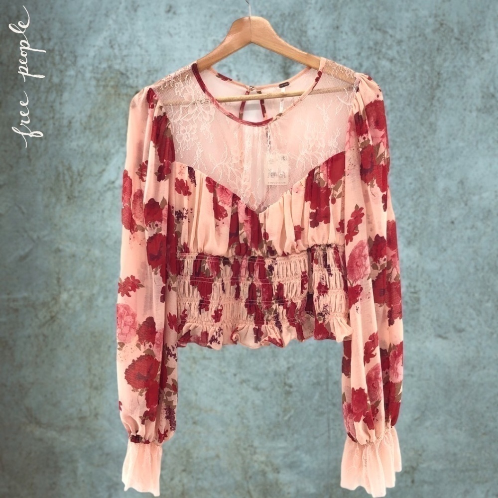 FREE PEOPLE Daphne Rose/Floral Long Sleeve Sheer Lace Ruched Blouse-Sm NWT - Picture 12 of 16